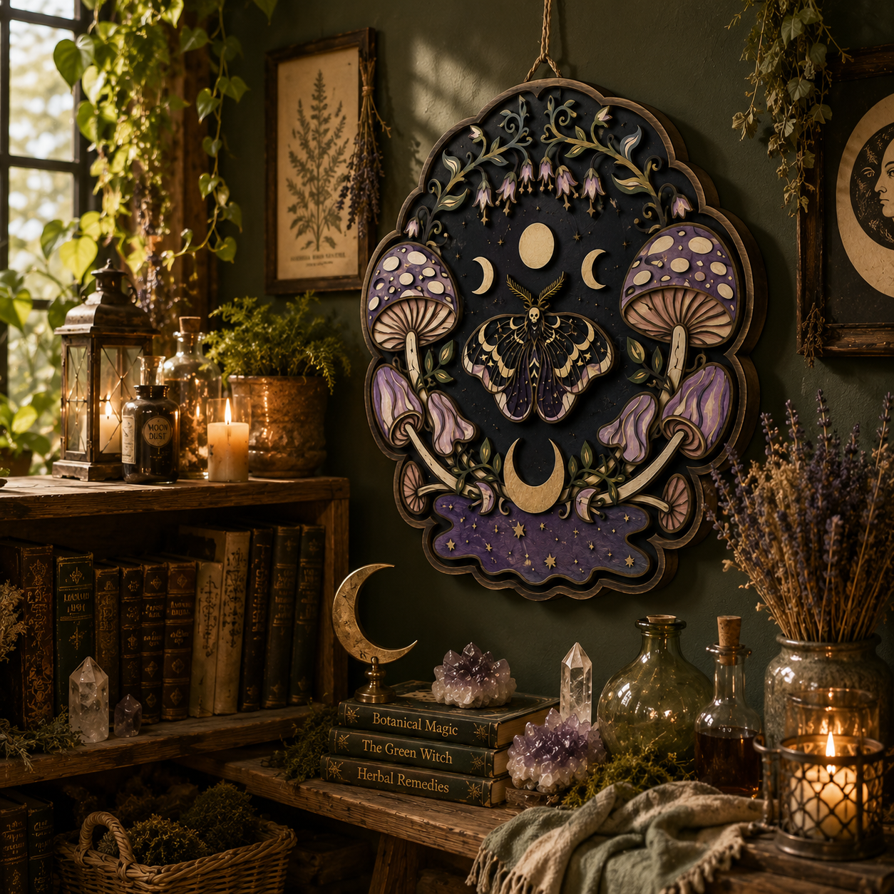 Mystical Luna Moth Mushroom Layered Wooden Wall Art Sign For Witchcore Cottagecore Home Decor