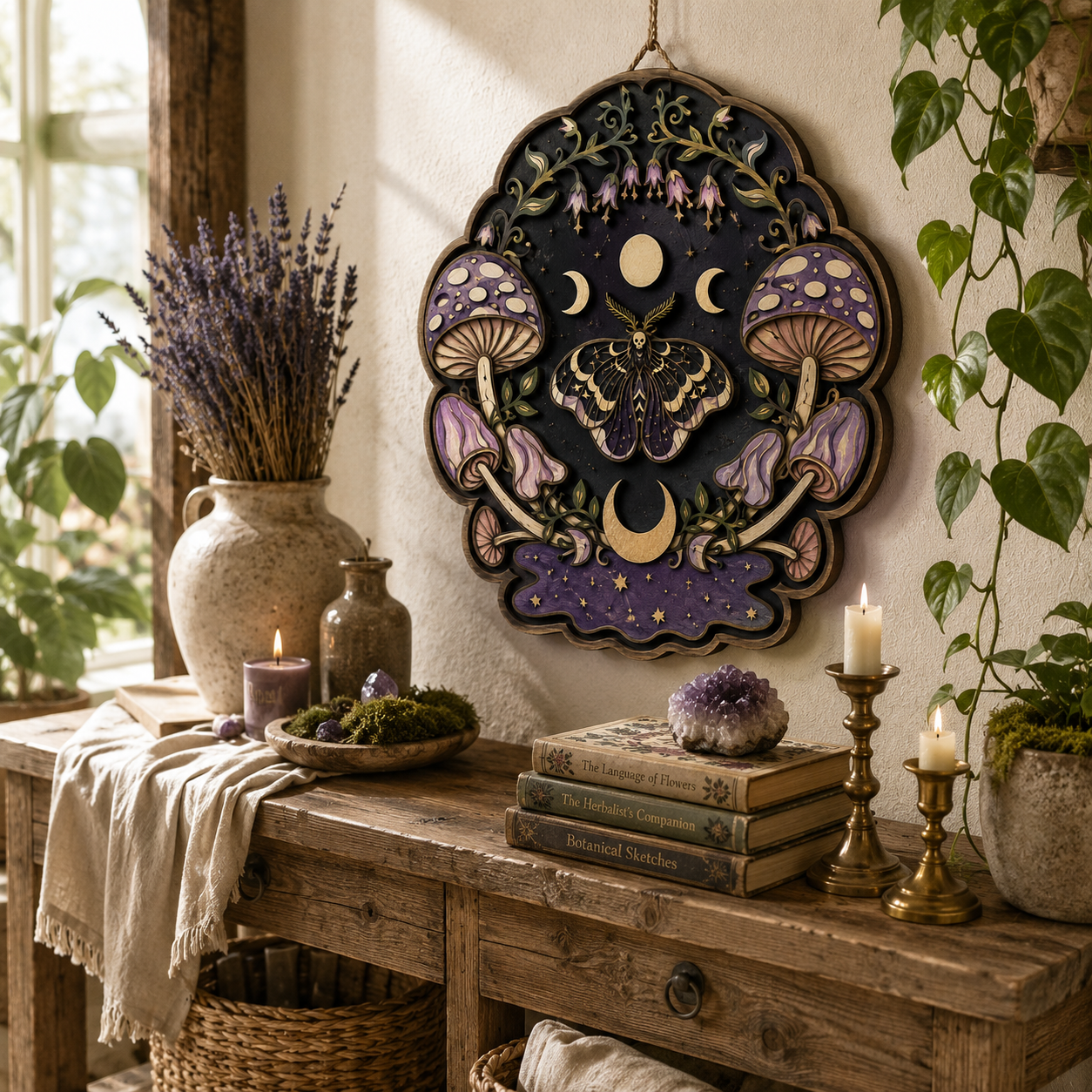 Mystical Luna Moth Mushroom Layered Wooden Wall Art Sign For Witchcore Cottagecore Home Decor