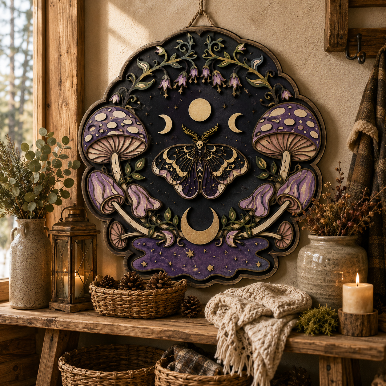 Mystical Luna Moth Mushroom Layered Wooden Wall Art Sign For Witchcore Cottagecore Home Decor