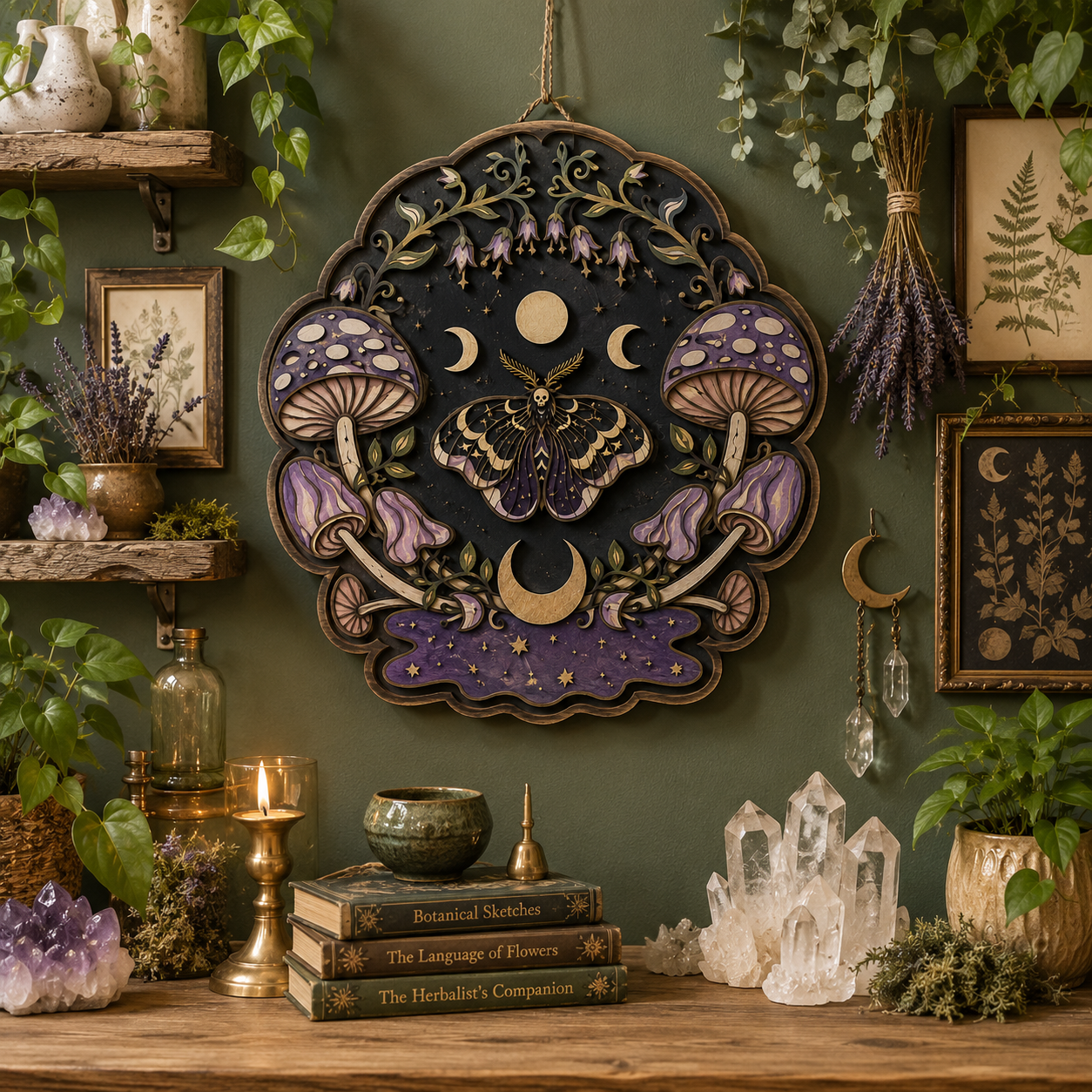 Mystical Luna Moth Mushroom Layered Wooden Wall Art Sign For Witchcore Cottagecore Home Decor