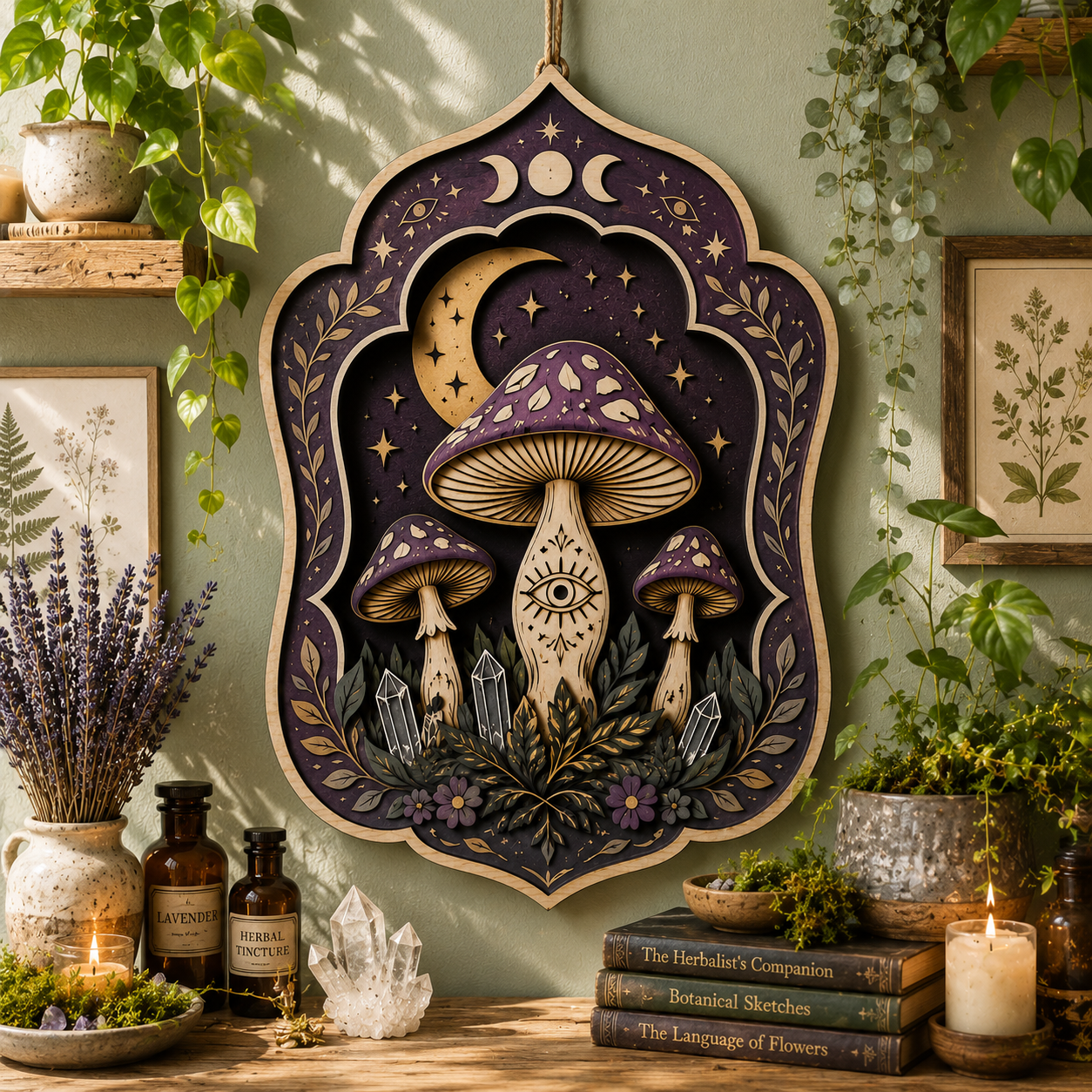 Mystic Mushroom Moon Celestial Wooden Sign