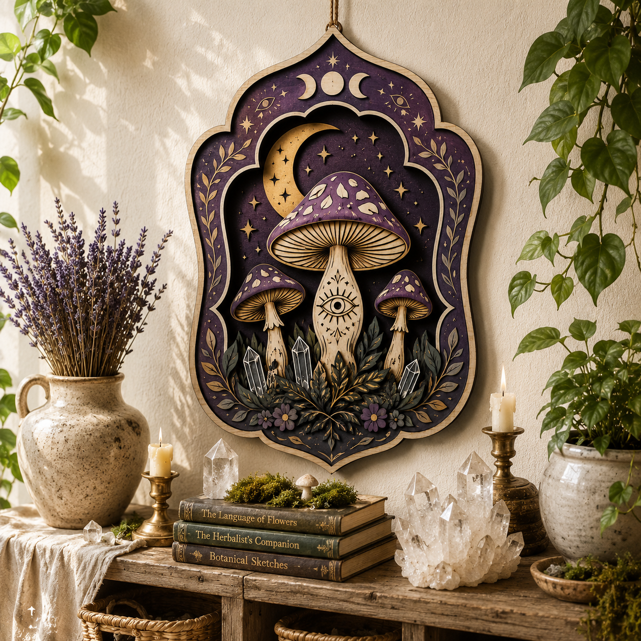 Mystic Mushroom Moon Celestial Wooden Sign