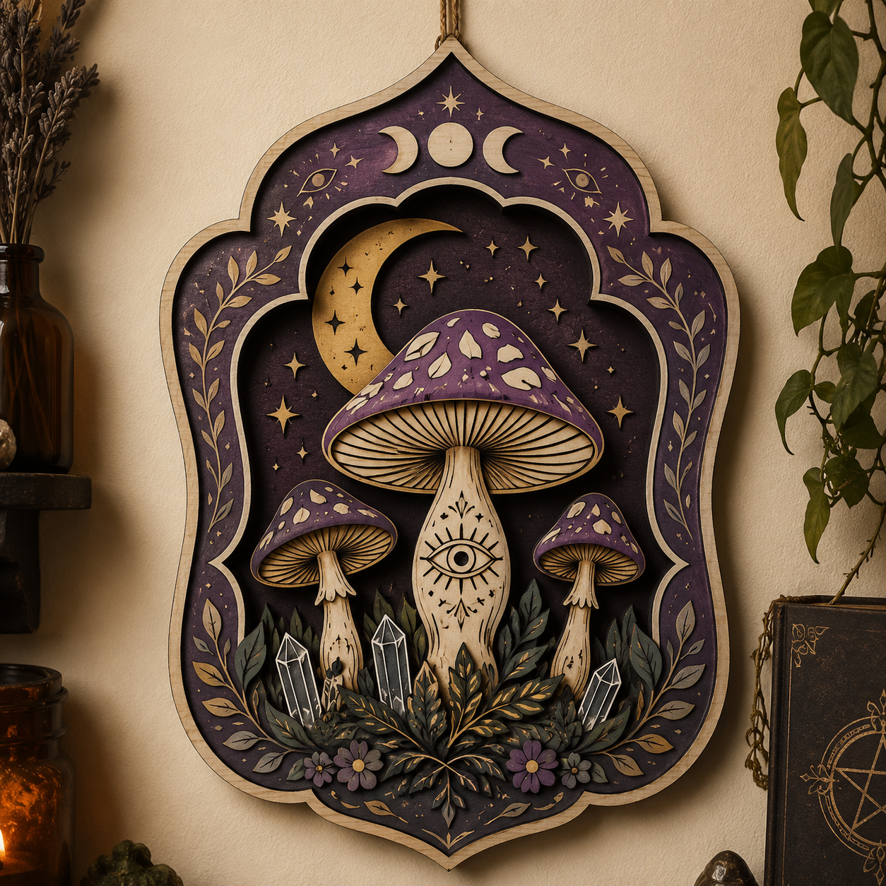 Mystic Mushroom Moon Celestial Wooden Sign