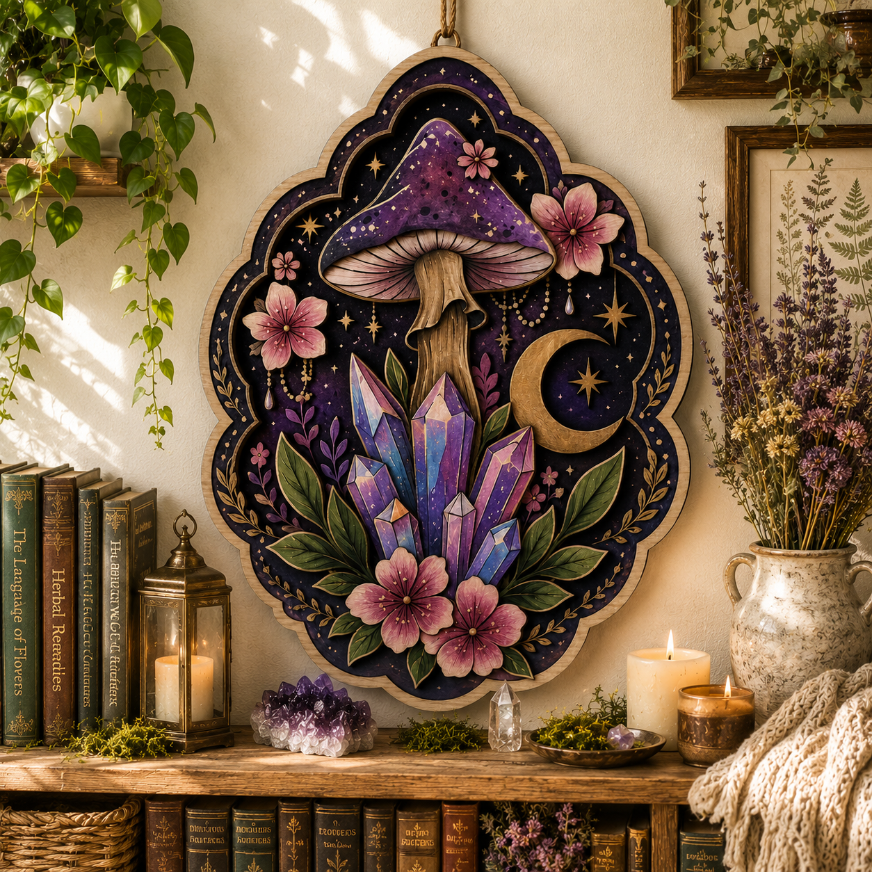 Celestial Crystal Mushroom Moon Botanical Wooden Wall Decor