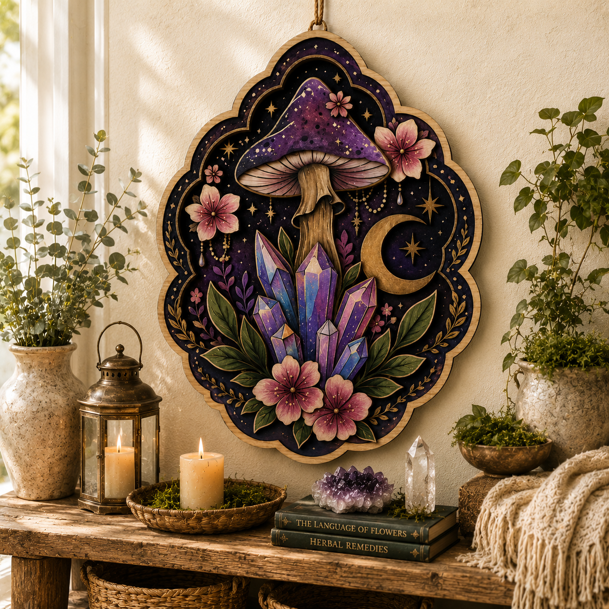 Celestial Crystal Mushroom Moon Botanical Wooden Wall Decor