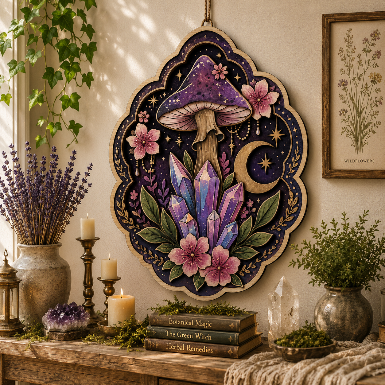 Celestial Crystal Mushroom Moon Botanical Wooden Wall Decor