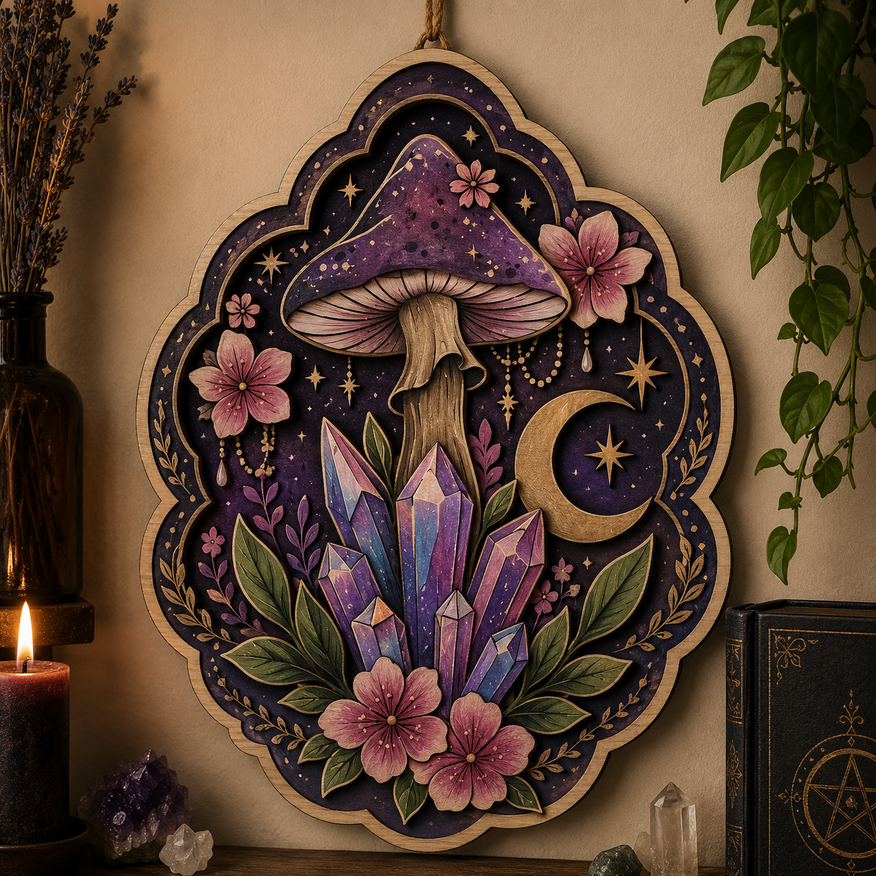 Celestial Crystal Mushroom Moon Botanical Wooden Wall Decor
