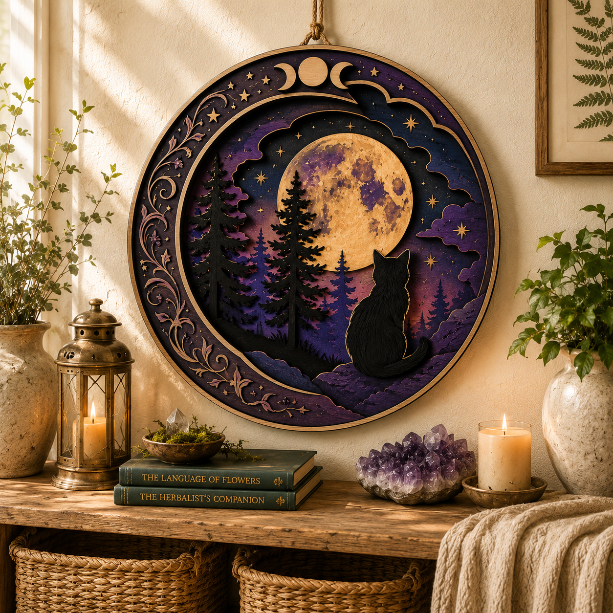Moonlit Black Cat Forest Wooden Wall Decor