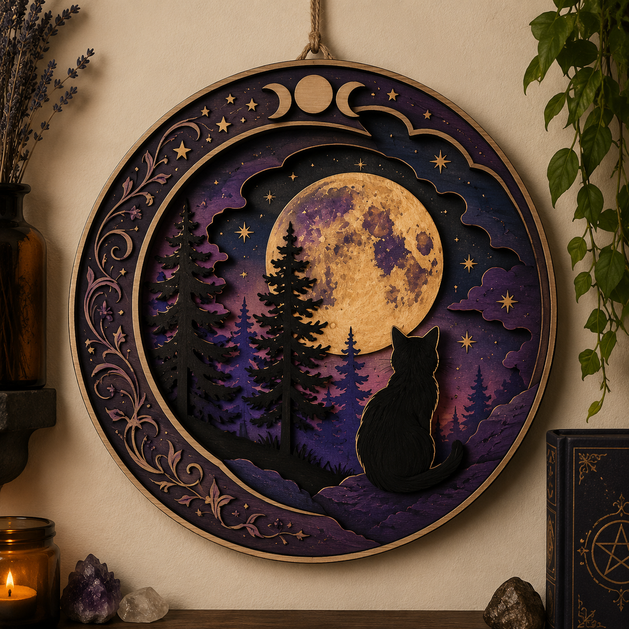 Moonlit Black Cat Forest Wooden Wall Decor