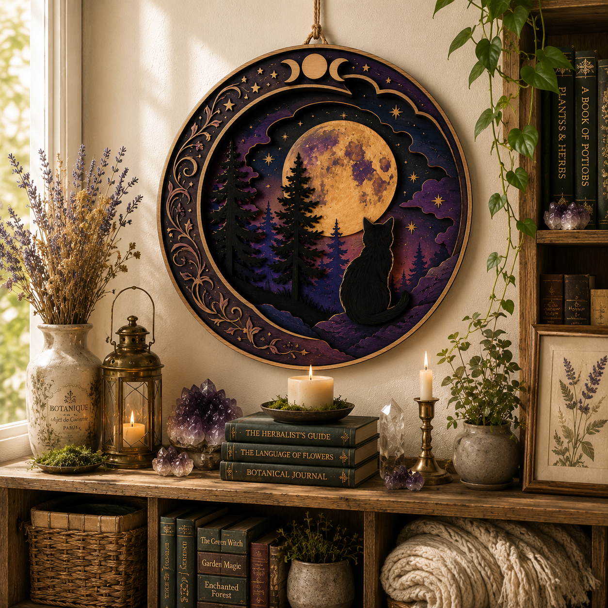 Moonlit Black Cat Forest Wooden Wall Decor