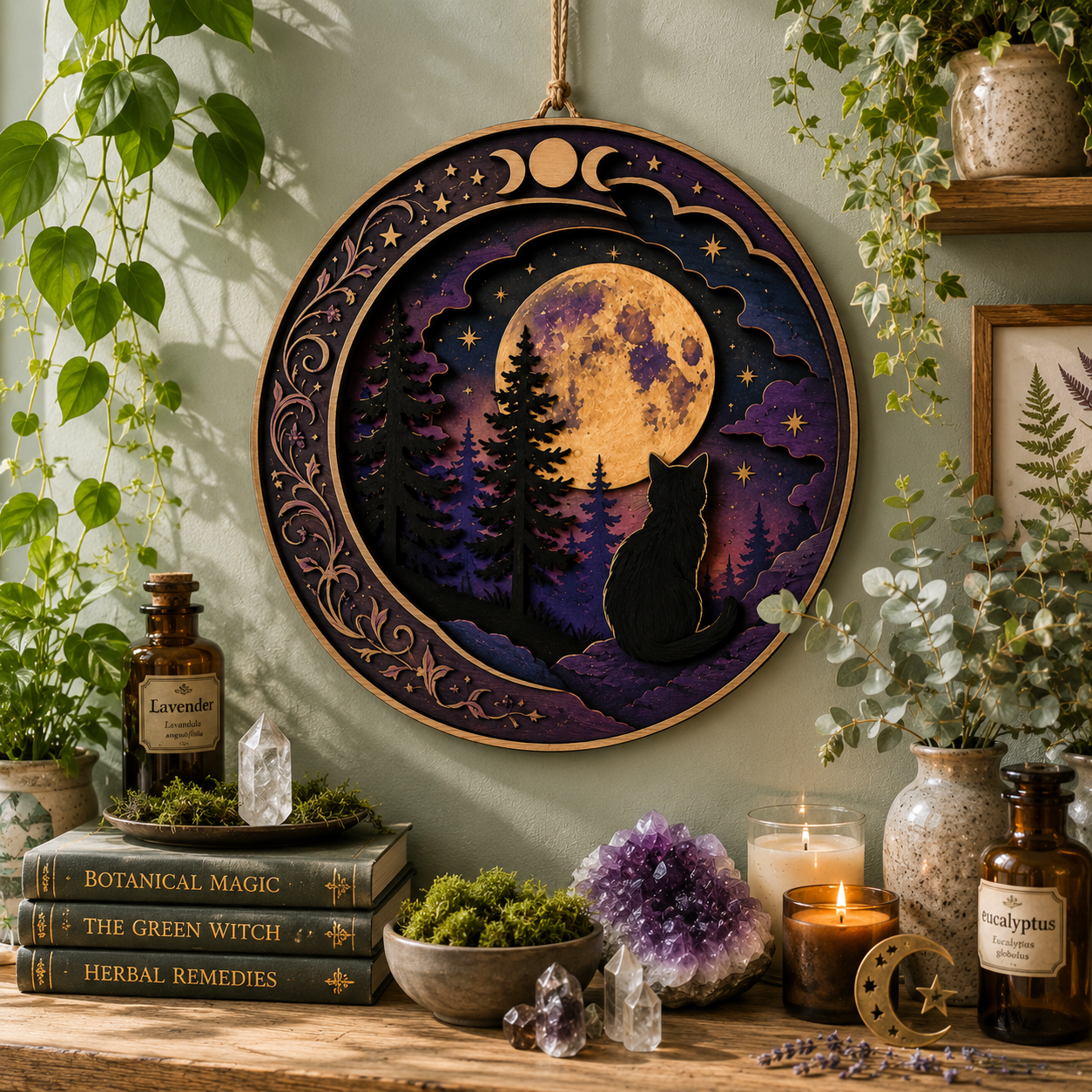 Moonlit Black Cat Forest Wooden Wall Decor