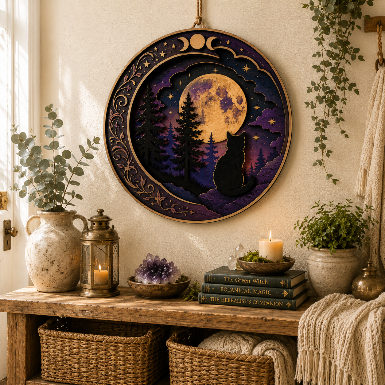 Moonlit Black Cat Forest Wooden Wall Decor