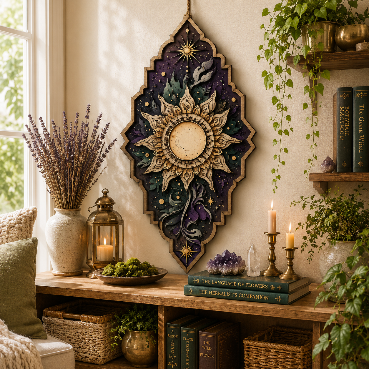 Celestial Sun Mandala Wooden Wall Decor Sacred Sun Wooden Sign Boho Witchcore Pagan Wall Art Botanical Celestial Home Decor Spiritual Wall Hanging