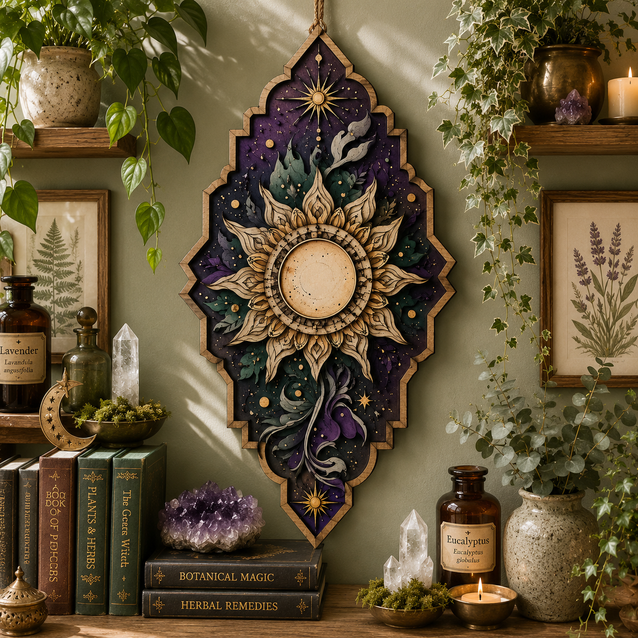 Celestial Sun Mandala Wooden Wall Decor Sacred Sun Wooden Sign Boho Witchcore Pagan Wall Art Botanical Celestial Home Decor Spiritual Wall Hanging