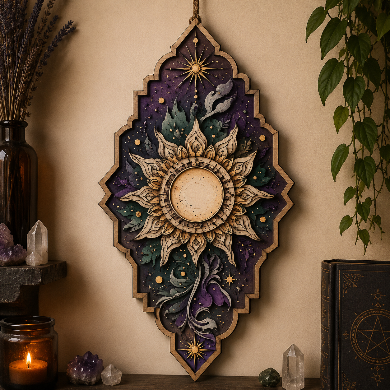Celestial Sun Mandala Wooden Wall Decor Sacred Sun Wooden Sign Boho Witchcore Pagan Wall Art Botanical Celestial Home Decor Spiritual Wall Hanging