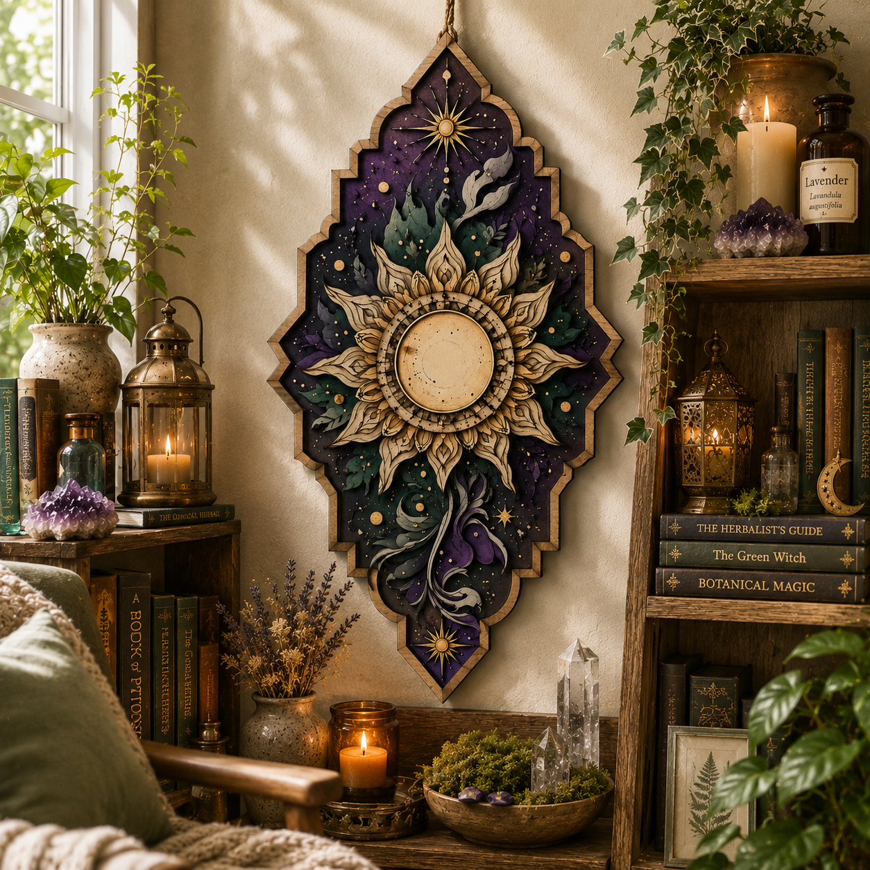 Celestial Sun Mandala Wooden Wall Decor Sacred Sun Wooden Sign Boho Witchcore Pagan Wall Art Botanical Celestial Home Decor Spiritual Wall Hanging