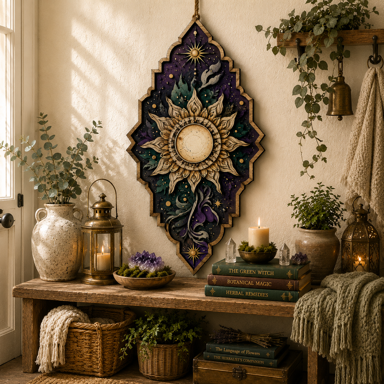 Celestial Sun Mandala Wooden Wall Decor Sacred Sun Wooden Sign Boho Witchcore Pagan Wall Art Botanical Celestial Home Decor Spiritual Wall Hanging