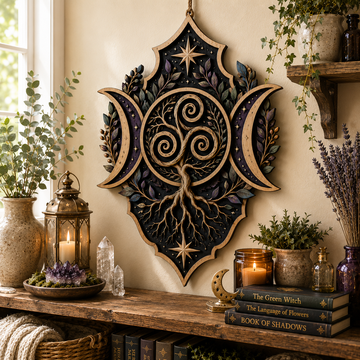 Triple Moon Tree Of Life Wooden Wall Decor Pagan Witchcore Celestial Wooden Sign Celtic Spiritual Wall Art Botanical Home Decor