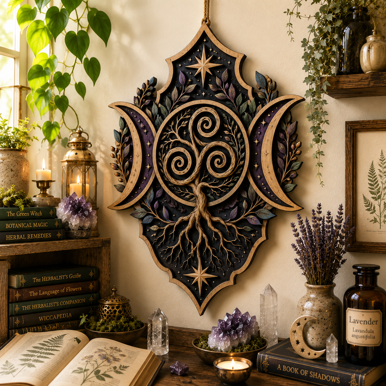 Triple Moon Tree Of Life Wooden Wall Decor Pagan Witchcore Celestial Wooden Sign Celtic Spiritual Wall Art Botanical Home Decor