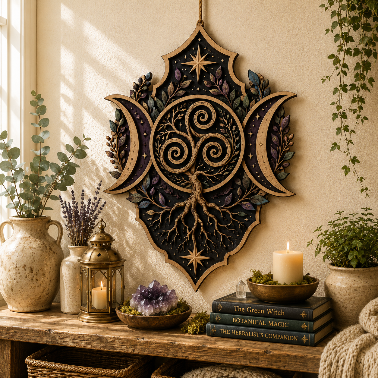 Triple Moon Tree Of Life Wooden Wall Decor Pagan Witchcore Celestial Wooden Sign Celtic Spiritual Wall Art Botanical Home Decor