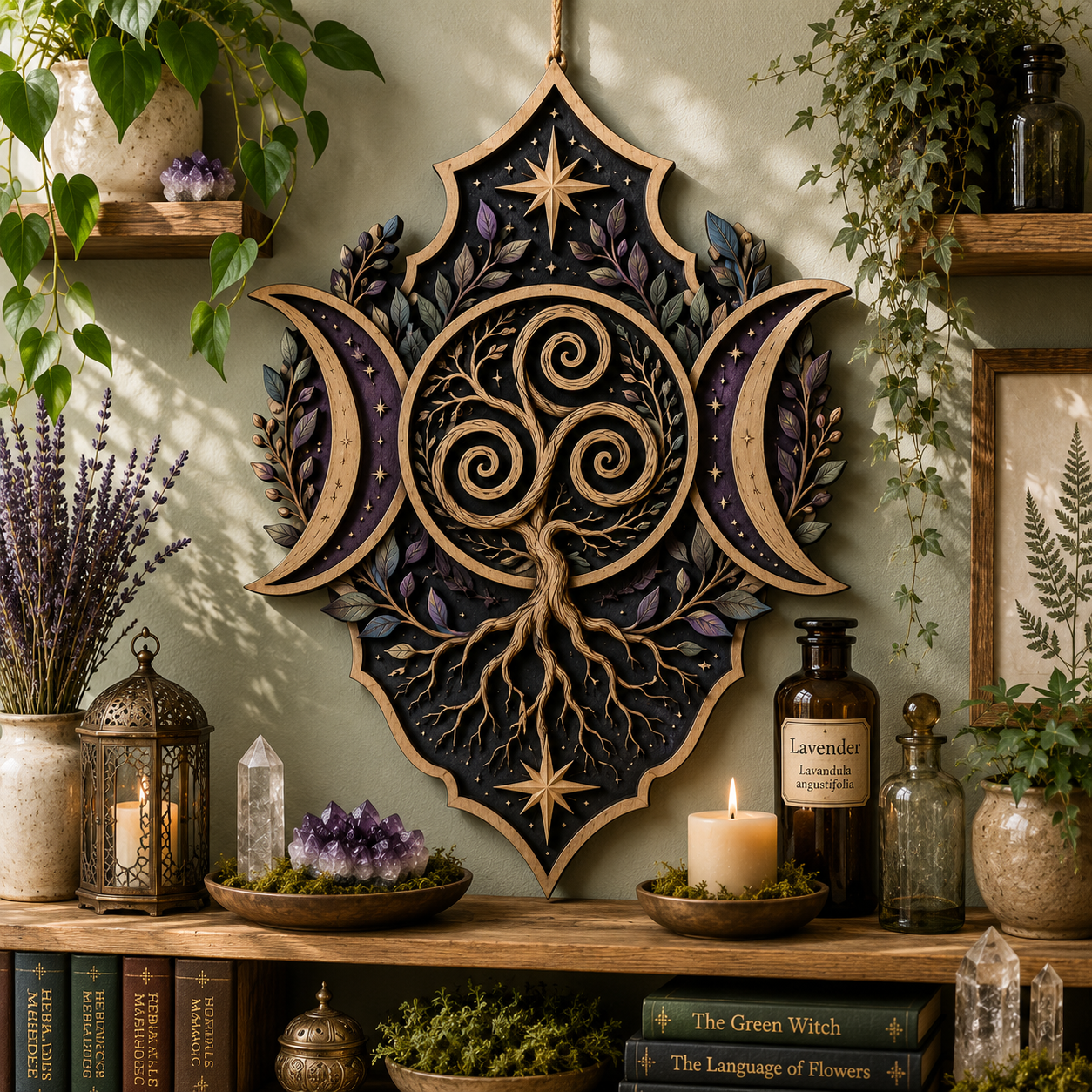 Triple Moon Tree Of Life Wooden Wall Decor Pagan Witchcore Celestial Wooden Sign Celtic Spiritual Wall Art Botanical Home Decor