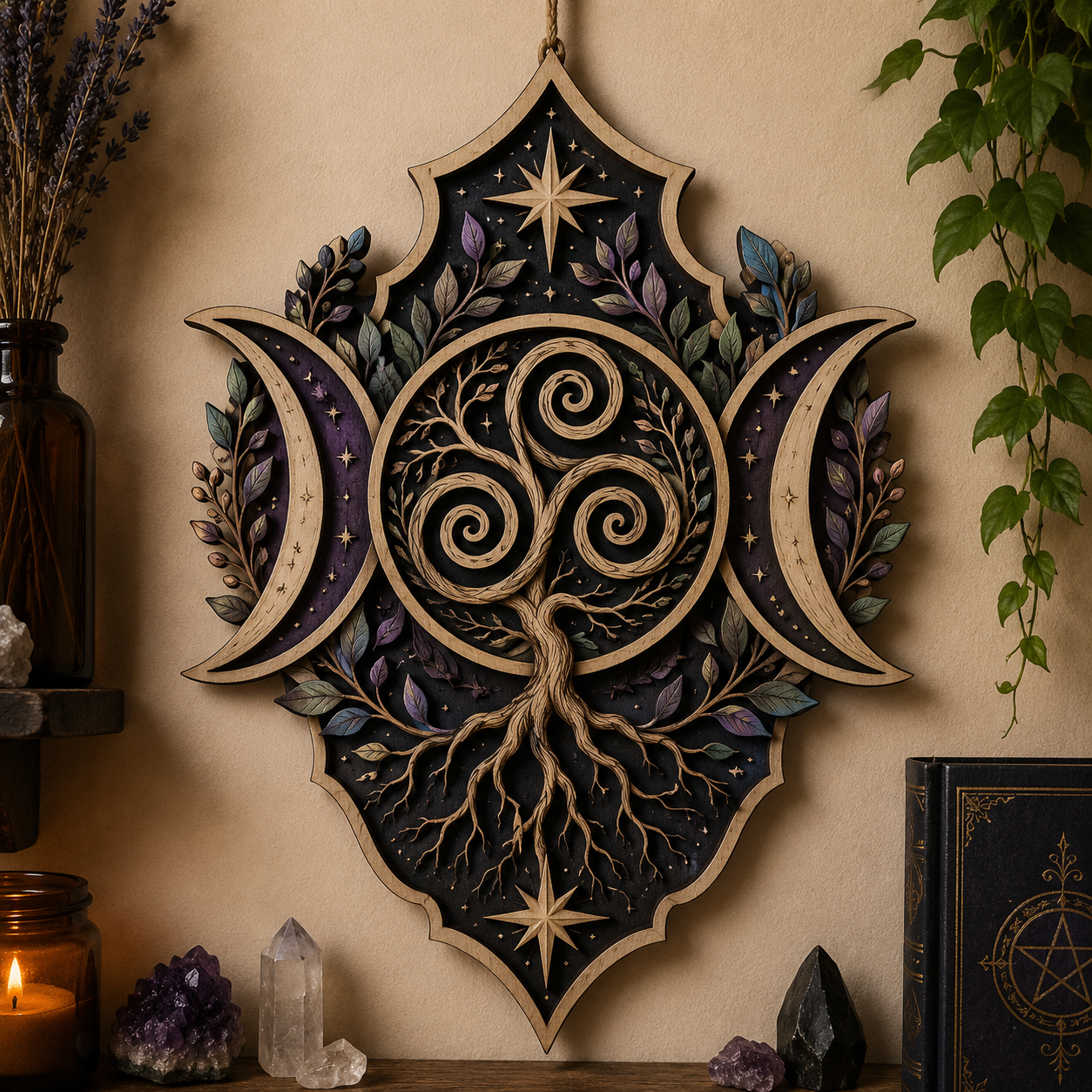 Triple Moon Tree Of Life Wooden Wall Decor Pagan Witchcore Celestial Wooden Sign Celtic Spiritual Wall Art Botanical Home Decor