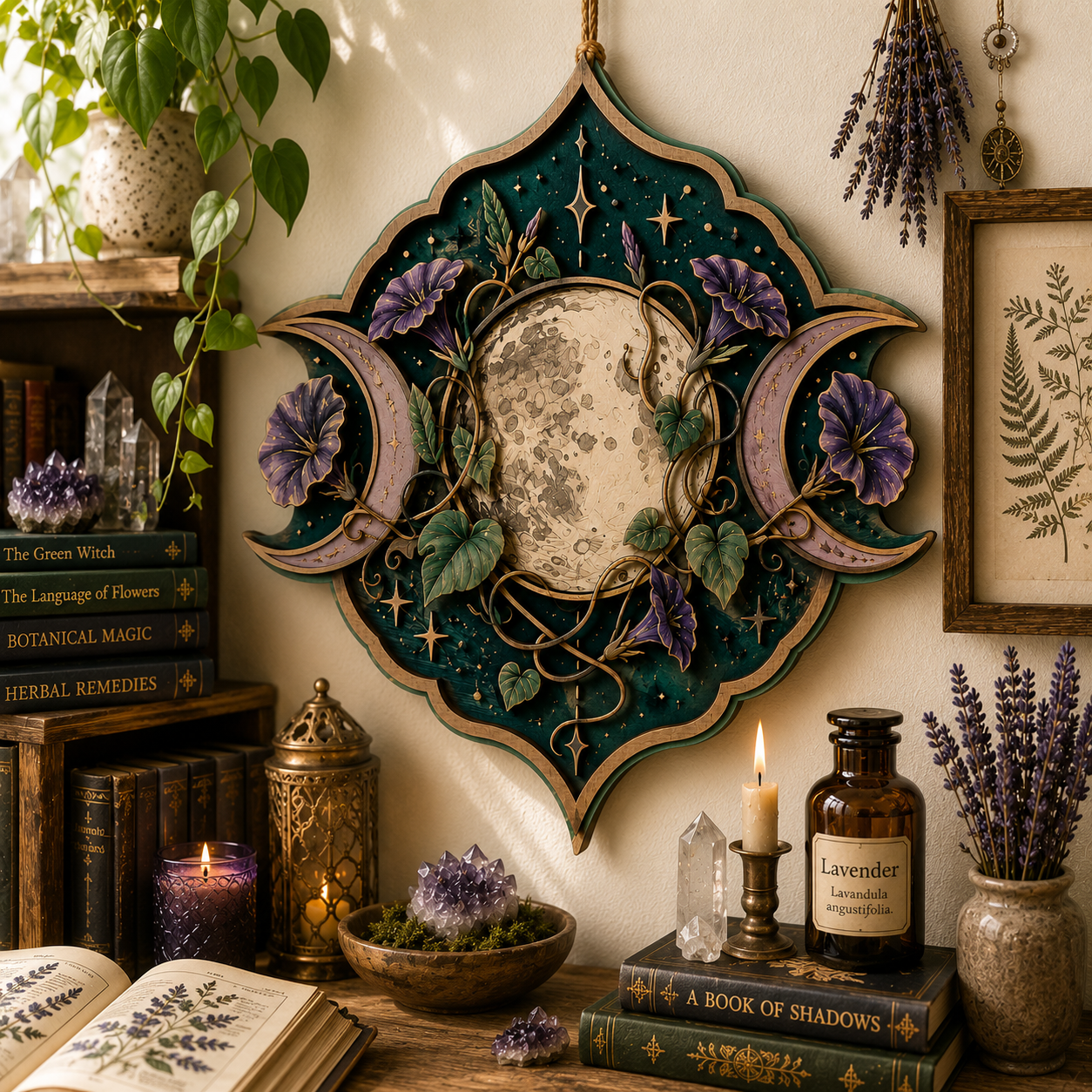 Celestial Triple Moon Floral Wooden Wall Decor Moon Phase Botanical Wooden Sign Witchcore Pagan Boho Spiritual Home Wall Art