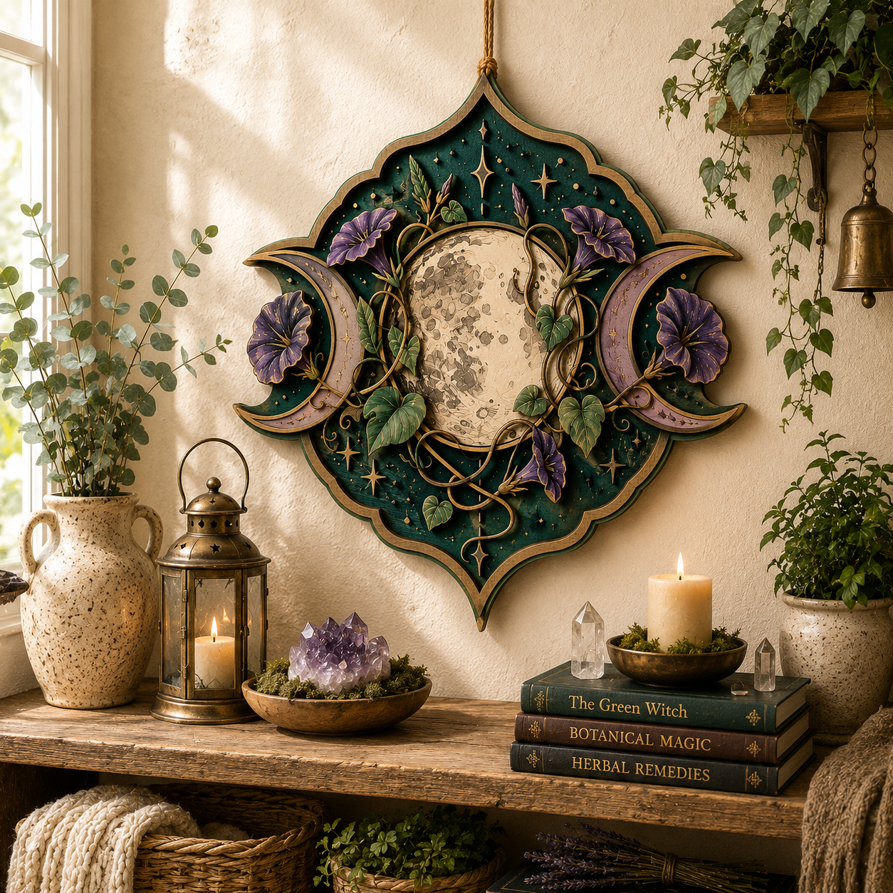 Celestial Triple Moon Floral Wooden Wall Decor Moon Phase Botanical Wooden Sign Witchcore Pagan Boho Spiritual Home Wall Art