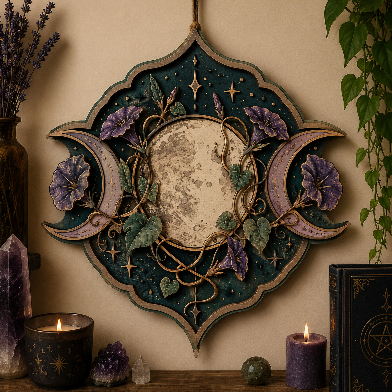 Celestial Triple Moon Floral Wooden Wall Decor Moon Phase Botanical Wooden Sign Witchcore Pagan Boho Spiritual Home Wall Art