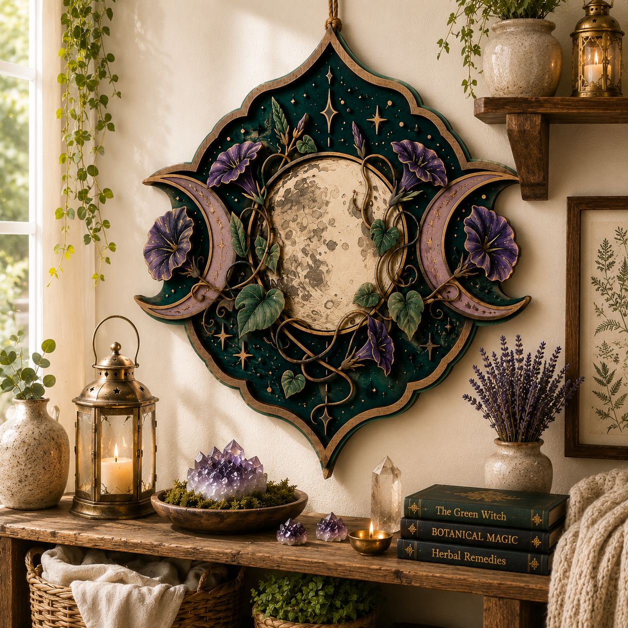 Celestial Triple Moon Floral Wooden Wall Decor Moon Phase Botanical Wooden Sign Witchcore Pagan Boho Spiritual Home Wall Art