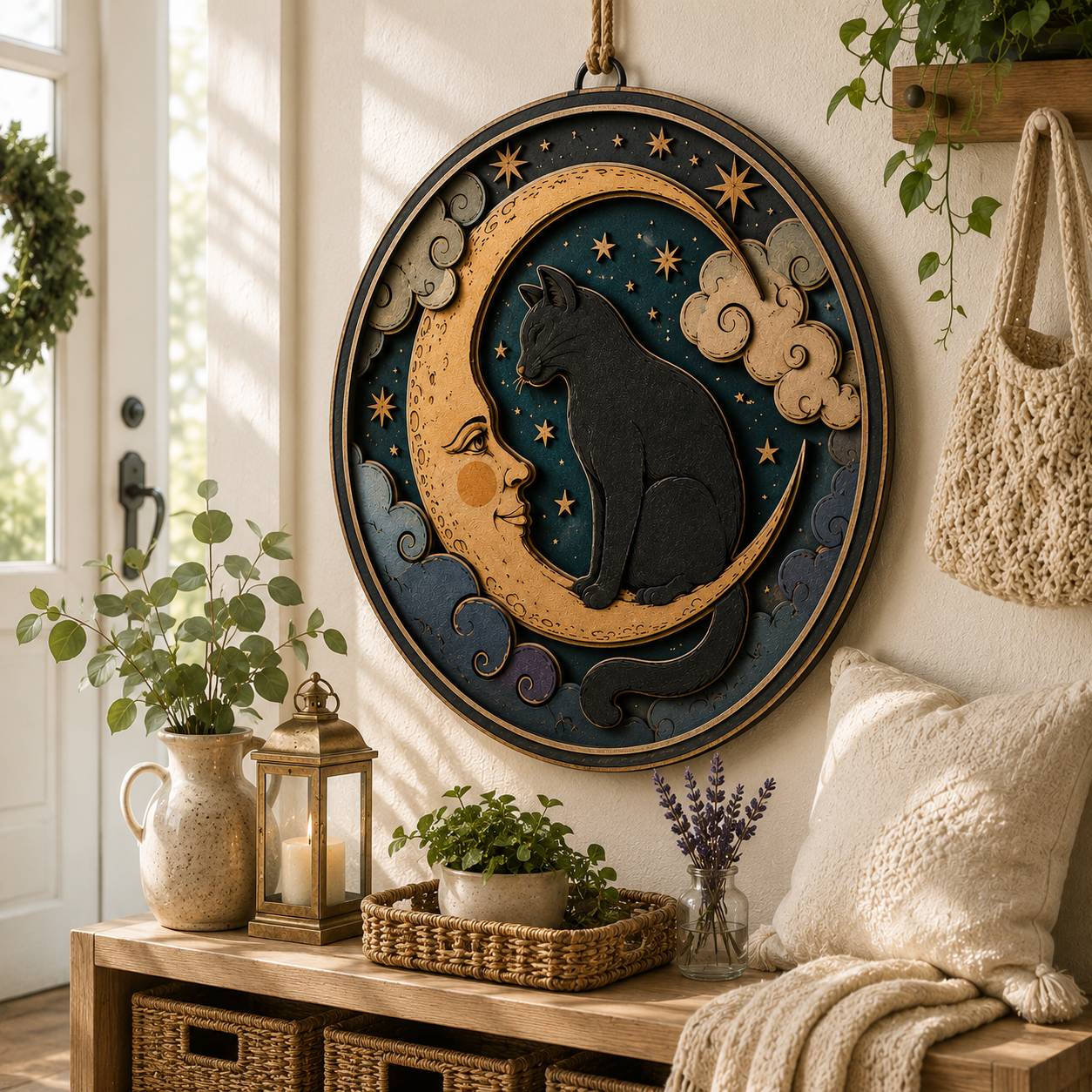 Celestial Black Cat Moon Layered Wooden Sign Witchy Wall Decor Gothic Pagan Home Halloween Cottagecore Gift