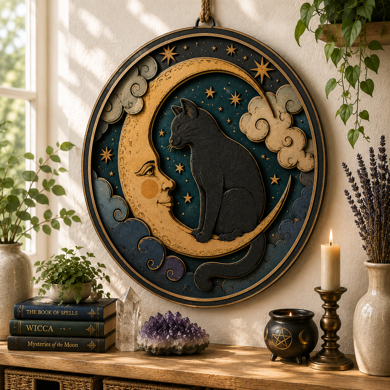 Celestial Black Cat Moon Layered Wooden Sign Witchy Wall Decor Gothic Pagan Home Halloween Cottagecore Gift