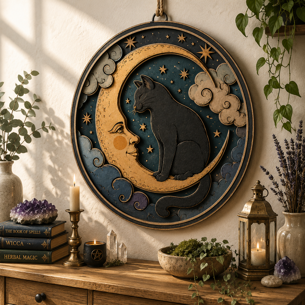 Celestial Black Cat Moon Layered Wooden Sign Witchy Wall Decor Gothic Pagan Home Halloween Cottagecore Gift