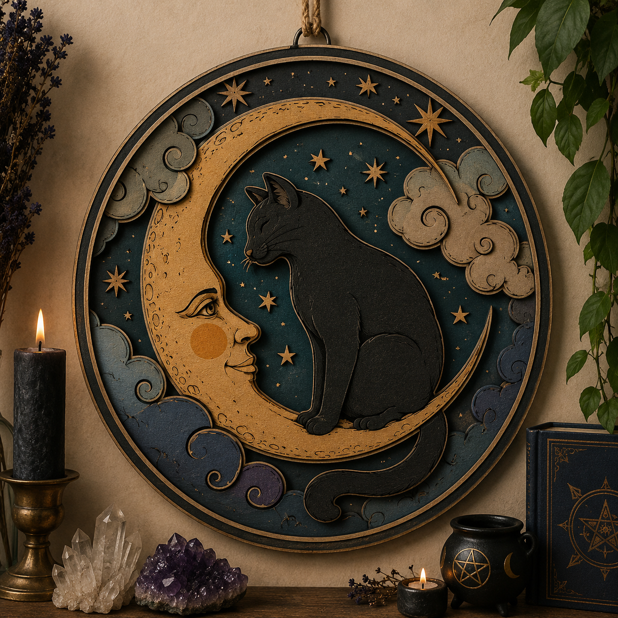 Celestial Black Cat Moon Layered Wooden Sign Witchy Wall Decor Gothic Pagan Home Halloween Cottagecore Gift