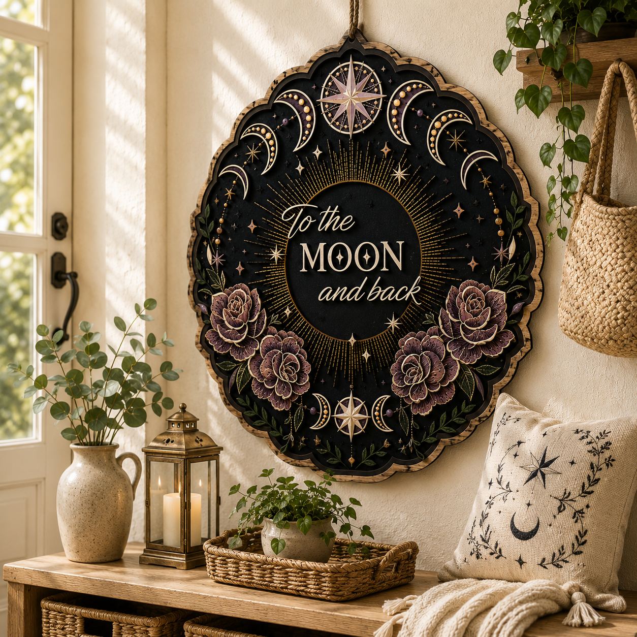 To The Moon And Back Layered Wooden Sign Celestial Moon Phase Wall Decor Gothic Witchy Floral Home Gift