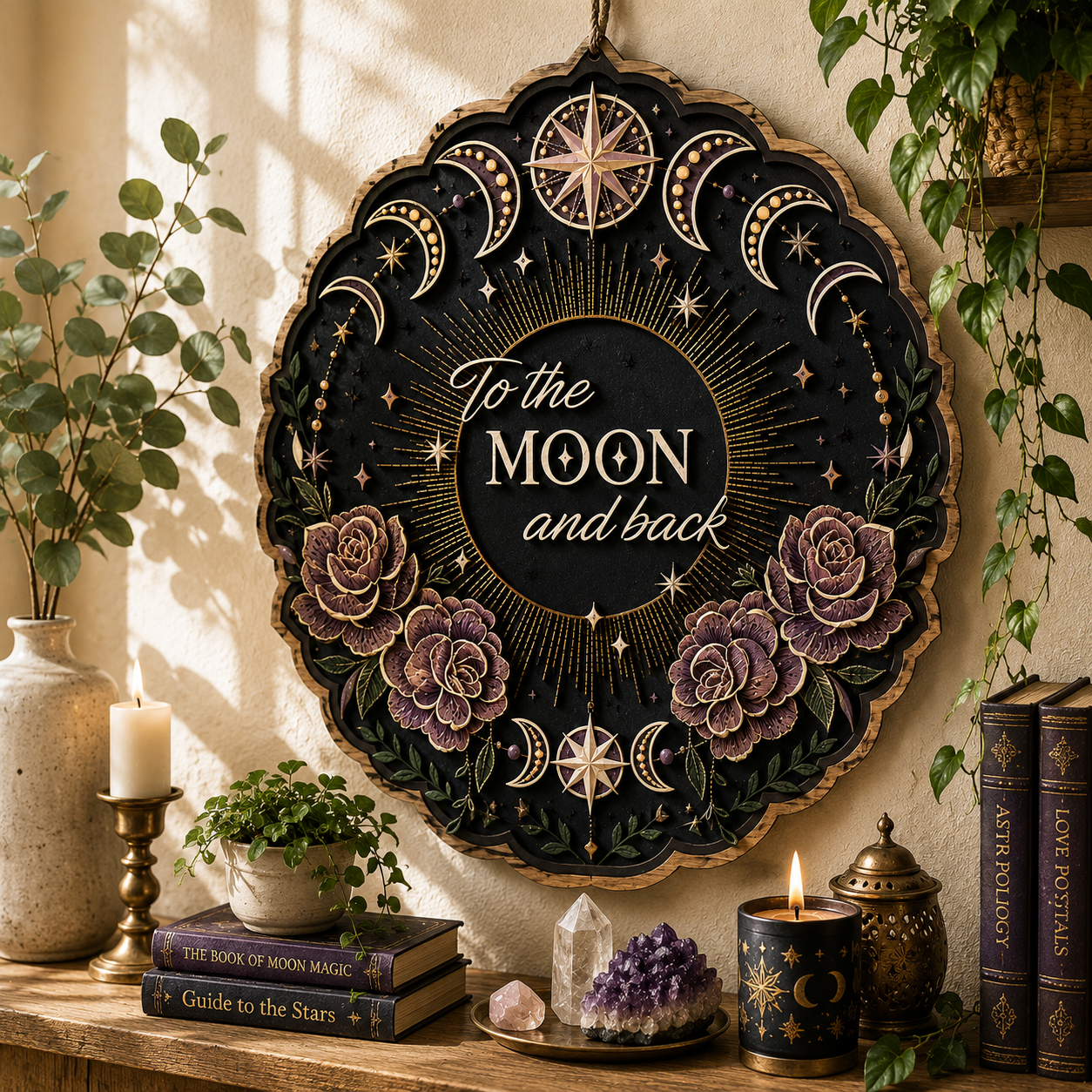 To The Moon And Back Layered Wooden Sign Celestial Moon Phase Wall Decor Gothic Witchy Floral Home Gift