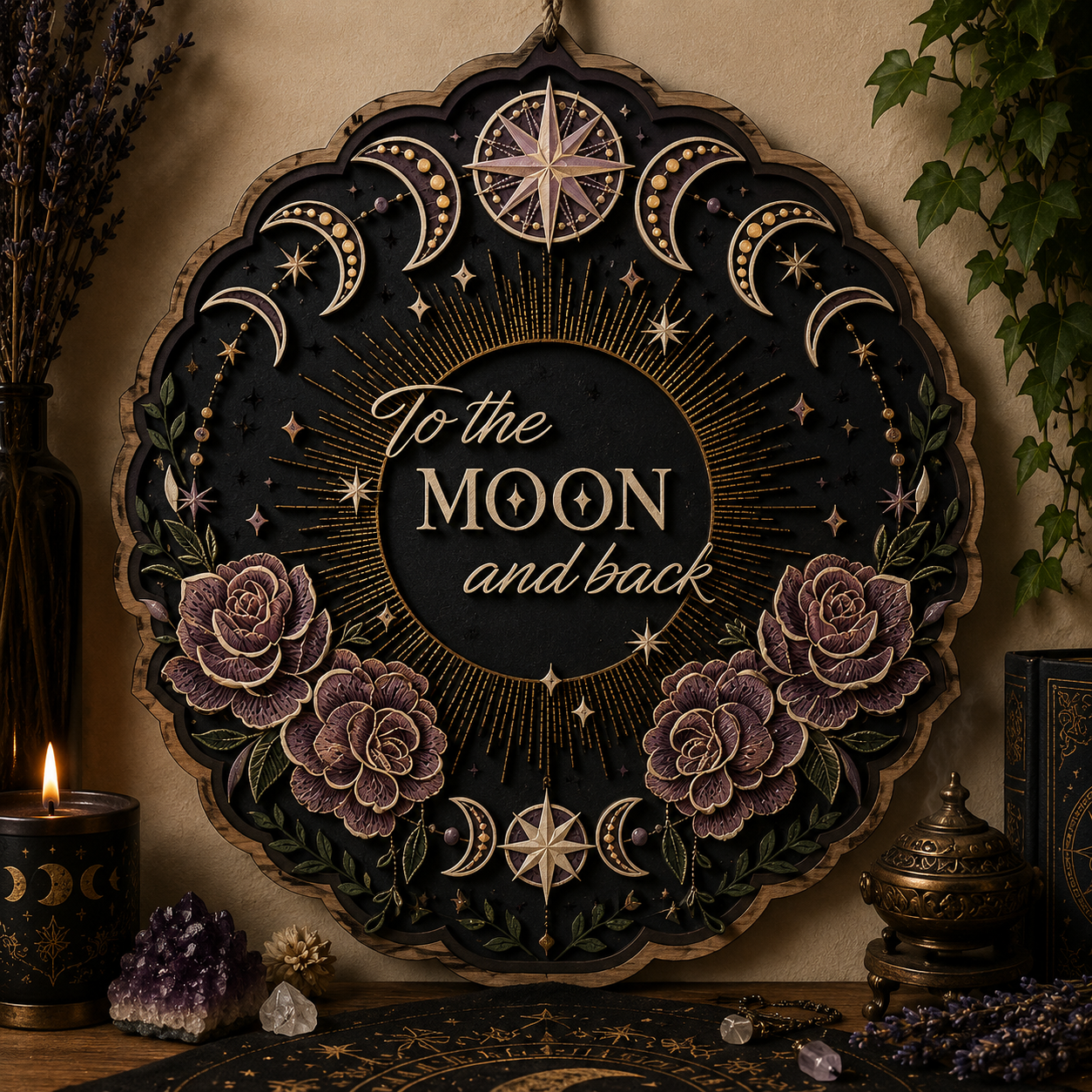 To The Moon And Back Layered Wooden Sign Celestial Moon Phase Wall Decor Gothic Witchy Floral Home Gift