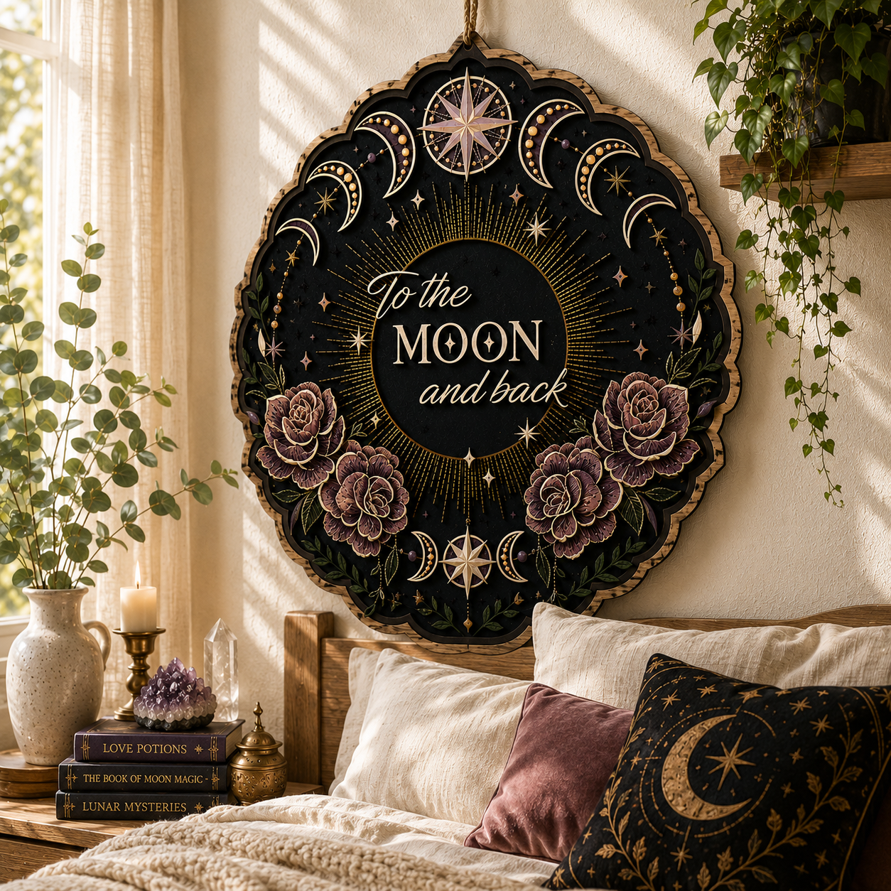 To The Moon And Back Layered Wooden Sign Celestial Moon Phase Wall Decor Gothic Witchy Floral Home Gift