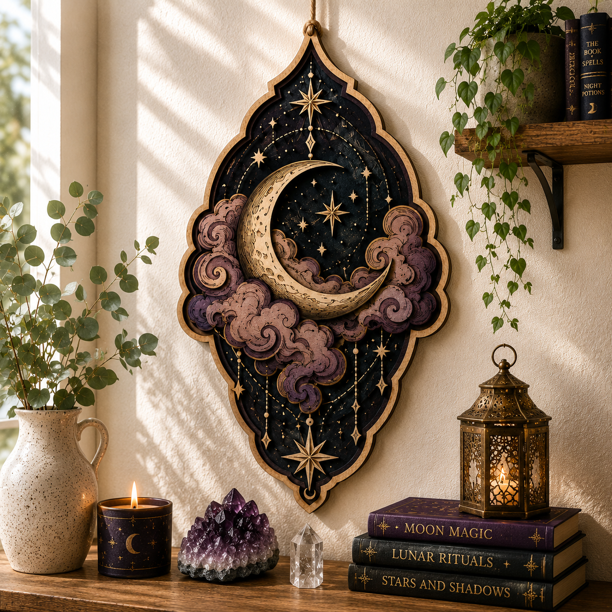 Celestial Crescent Moon Layered Wooden Sign Gothic Witch Wall Decor Pagan Moon Phase Spiritual Home Gift