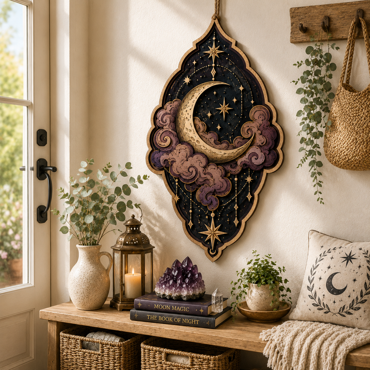 Celestial Crescent Moon Layered Wooden Sign Gothic Witch Wall Decor Pagan Moon Phase Spiritual Home Gift