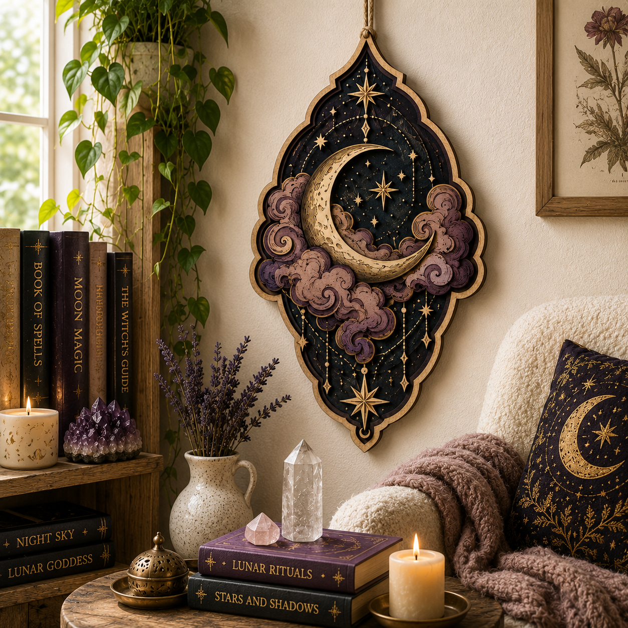 Celestial Crescent Moon Layered Wooden Sign Gothic Witch Wall Decor Pagan Moon Phase Spiritual Home Gift