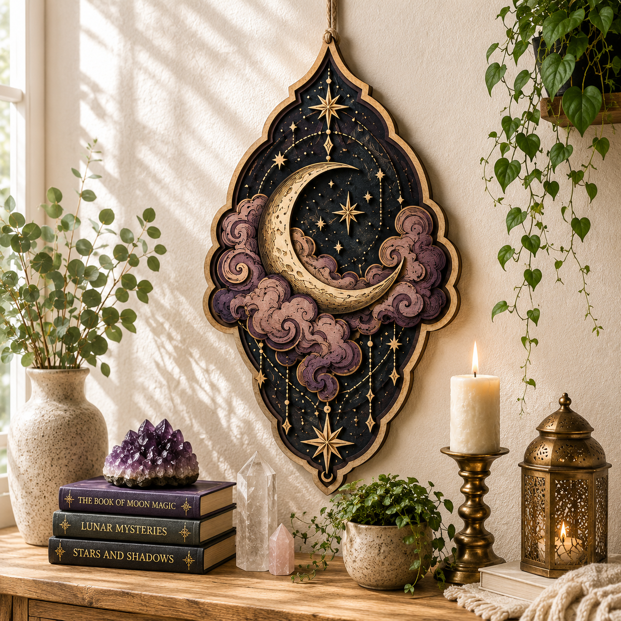 Celestial Crescent Moon Layered Wooden Sign Gothic Witch Wall Decor Pagan Moon Phase Spiritual Home Gift