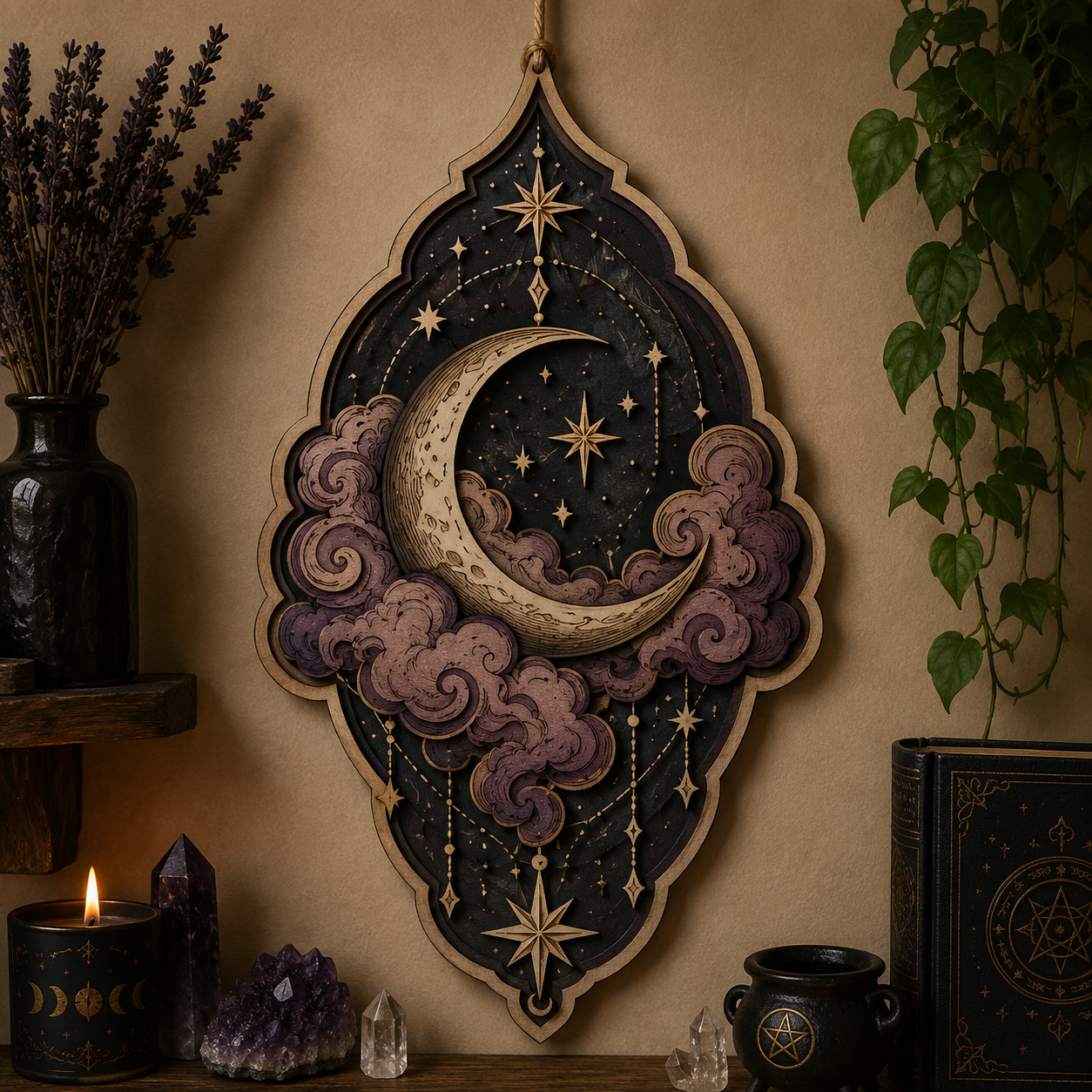 Celestial Crescent Moon Layered Wooden Sign Gothic Witch Wall Decor Pagan Moon Phase Spiritual Home Gift