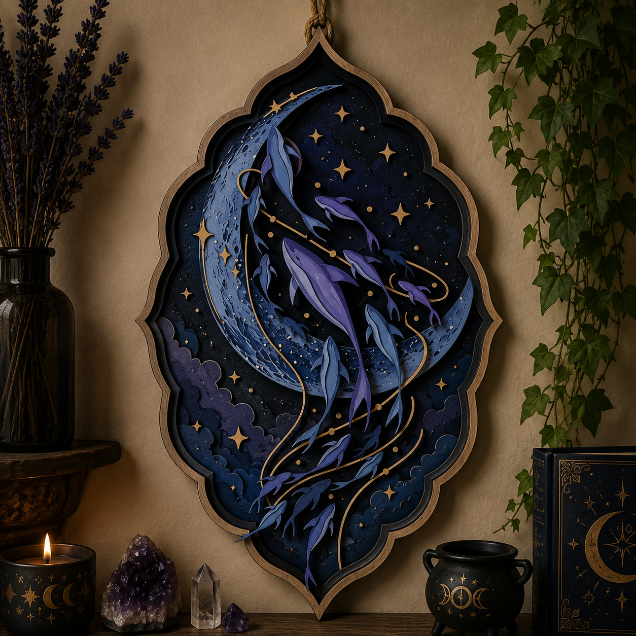 Celestial Moon Whale Layered Wooden Sign Ocean Wall Decor Gothic Pagan Lunar Home Gift