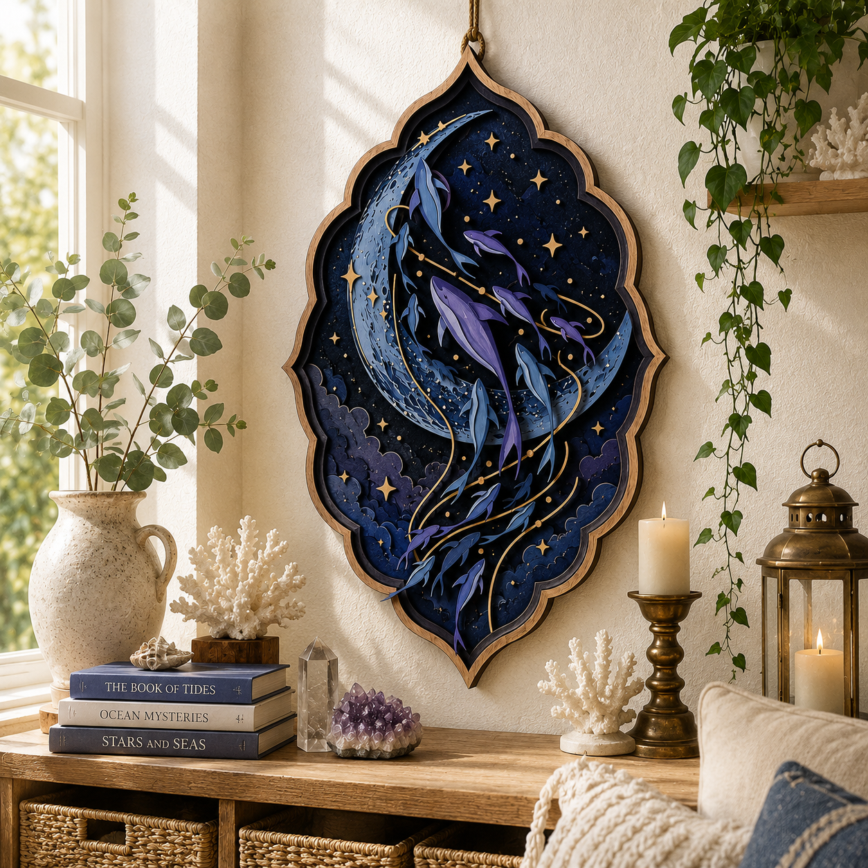 Celestial Moon Whale Layered Wooden Sign Ocean Wall Decor Gothic Pagan Lunar Home Gift