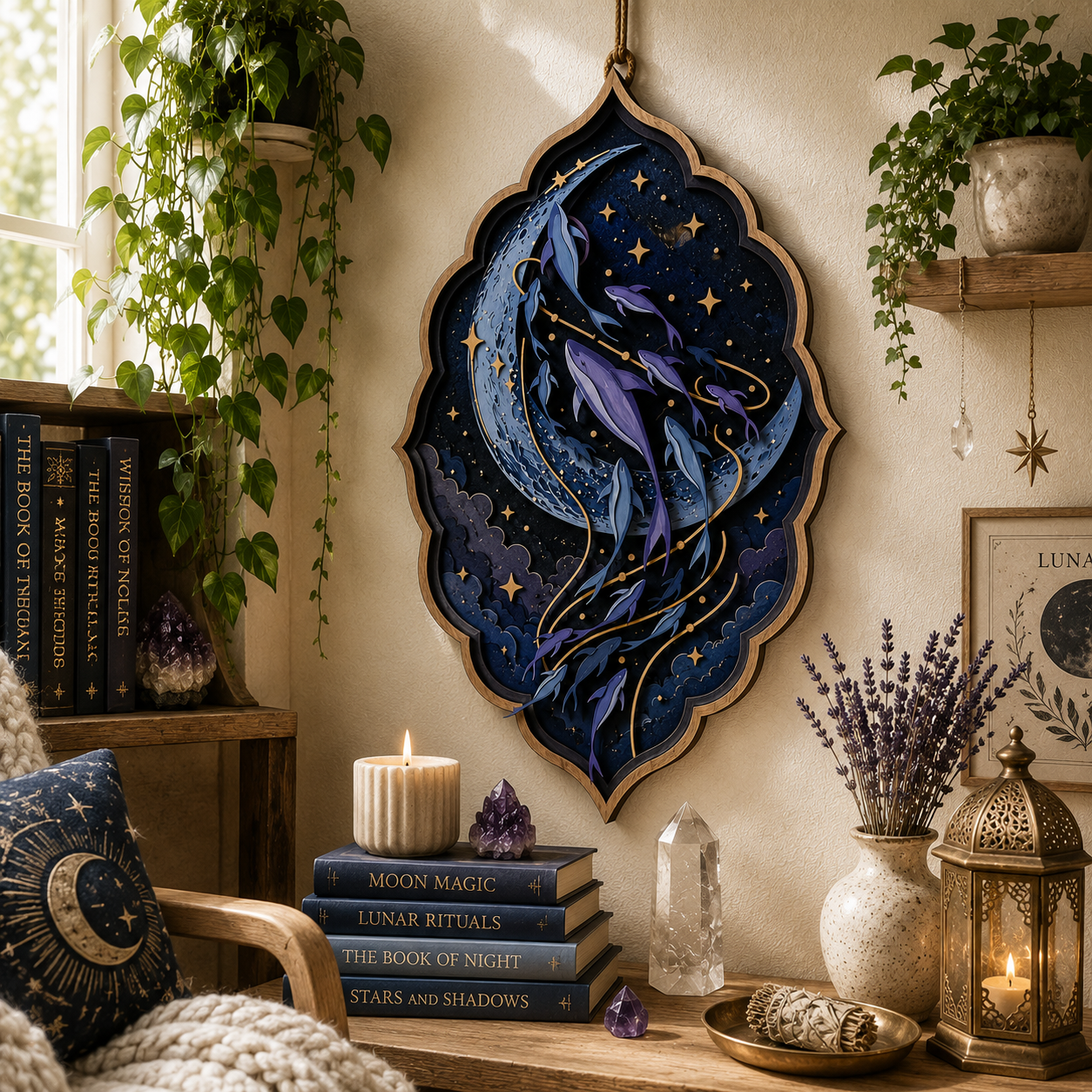 Celestial Moon Whale Layered Wooden Sign Ocean Wall Decor Gothic Pagan Lunar Home Gift