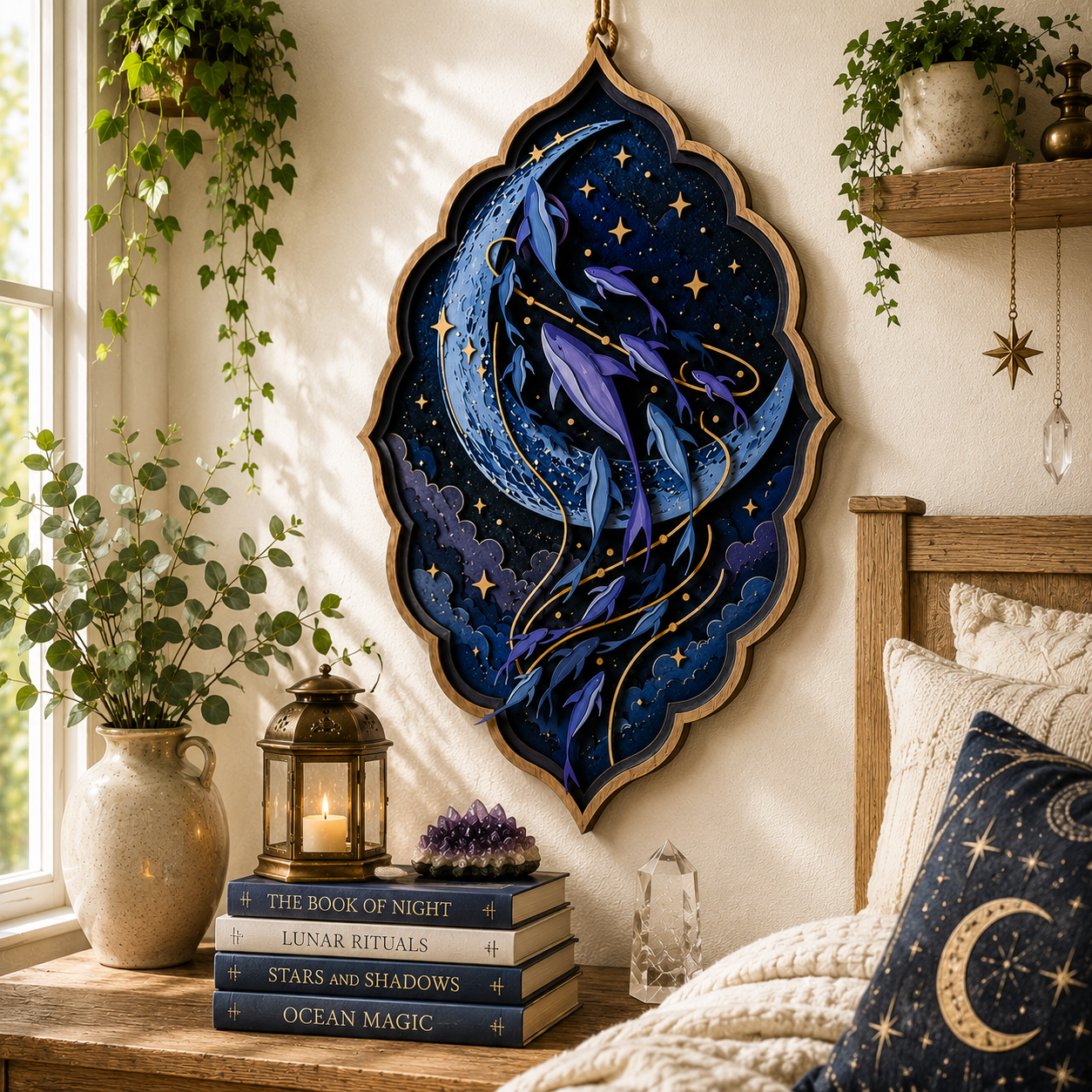 Celestial Moon Whale Layered Wooden Sign Ocean Wall Decor Gothic Pagan Lunar Home Gift