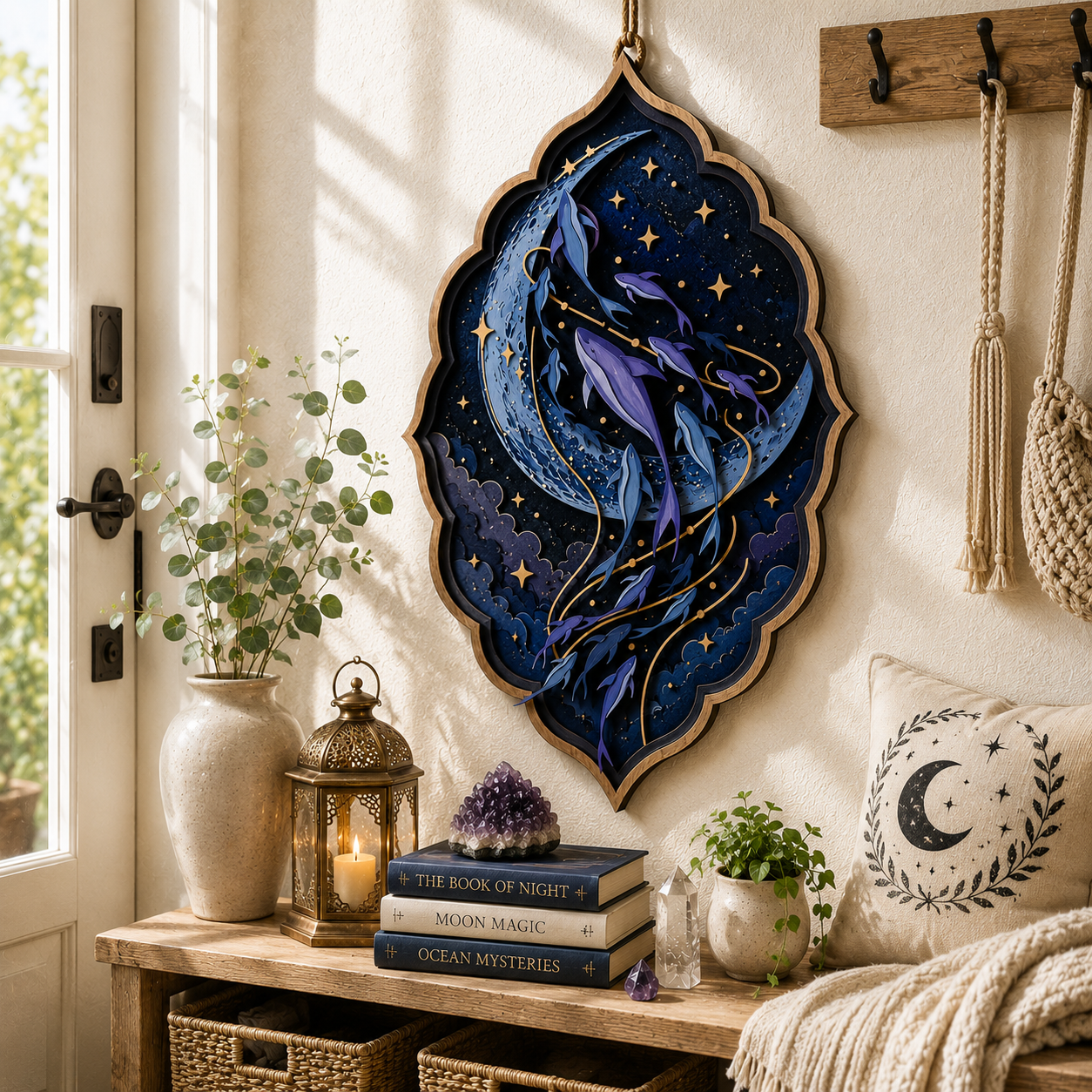 Celestial Moon Whale Layered Wooden Sign Ocean Wall Decor Gothic Pagan Lunar Home Gift