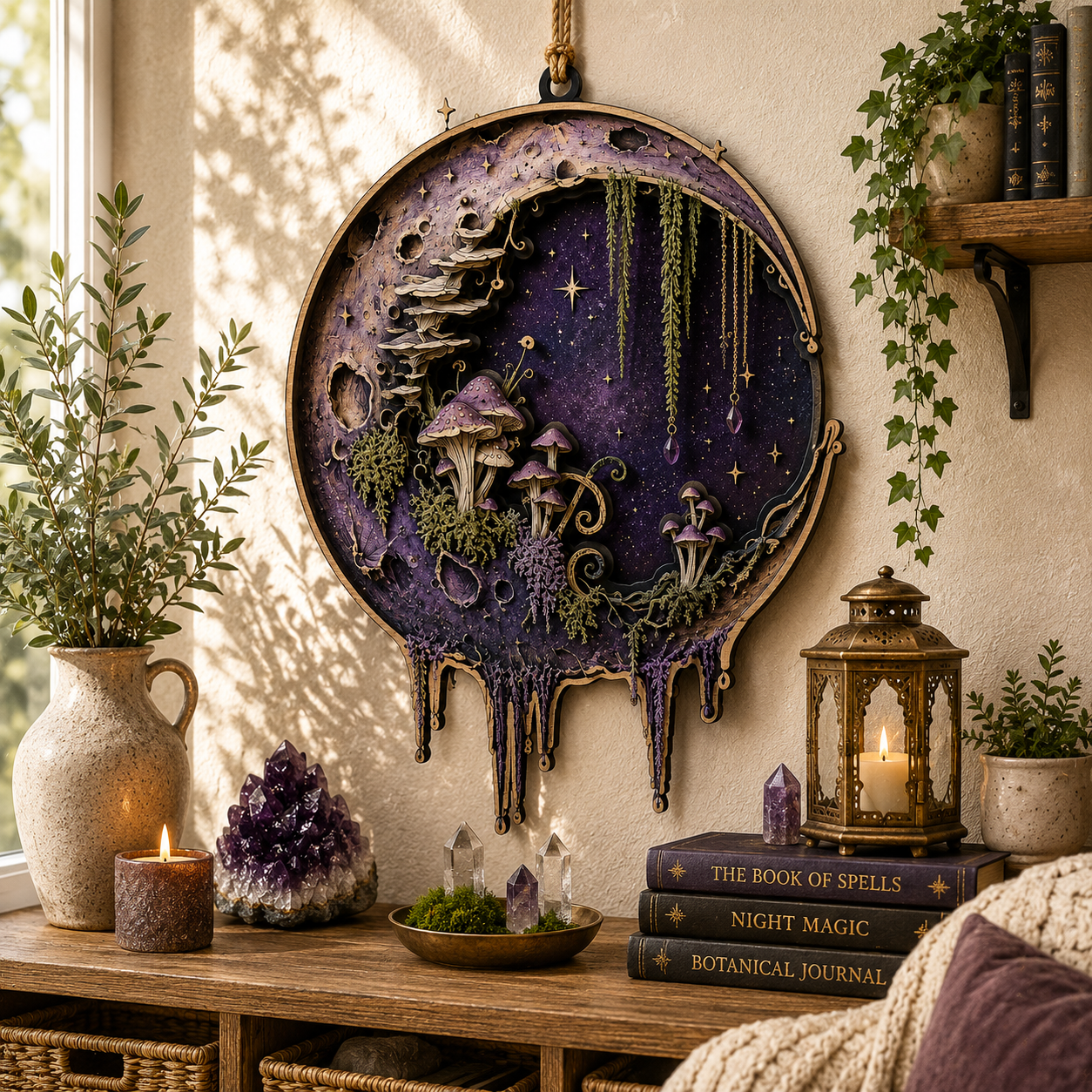 Enchanted Moon Mushroom Layered Wooden Sign Gothic Witch Wall Decor Cottagecore Pagan Celestial Home Gift