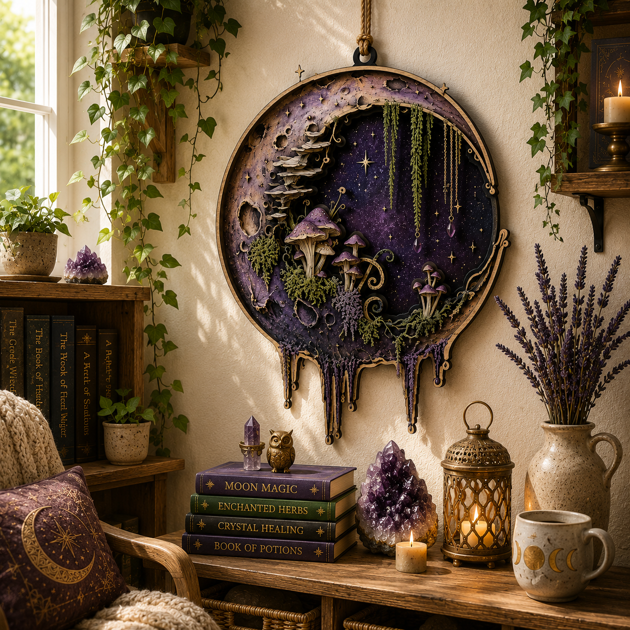 Enchanted Moon Mushroom Layered Wooden Sign Gothic Witch Wall Decor Cottagecore Pagan Celestial Home Gift